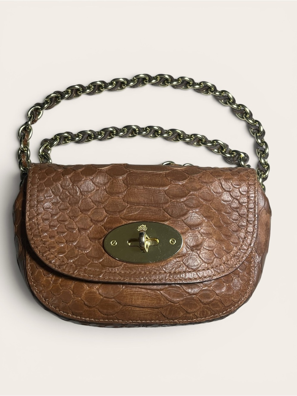 Mulberry Brown Silky-Snake Embossed Leather Crossbody with Gold Chain